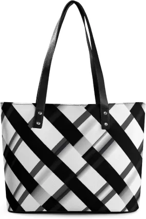 Black And White Checkered Leather Handbags for Women Shoulder Tote Crossbody Travel Purses with Zippered