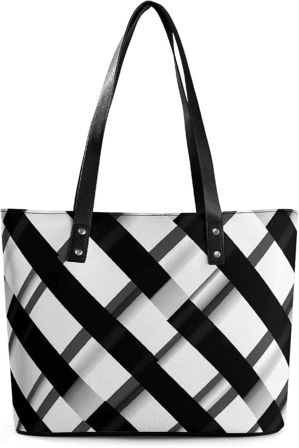Black And White Checkered Leather Handbags for Women Shoulder Tote Crossbody Travel Purses with Zippered
