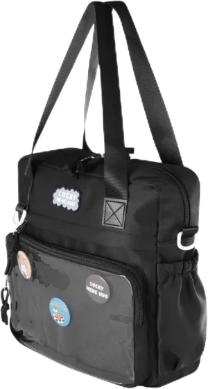 Black Messenger Ita Bag, Crossbody Shoulder Bag With Pin Display, Versatile Terylene Cotton Backpack For Anime And Travel