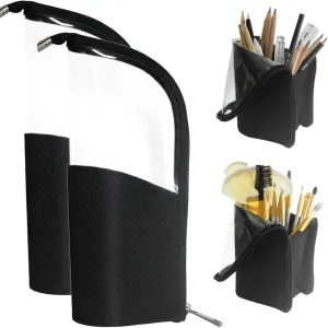 Black Travel Makeup Brush Holder 2-Pack, Organizer Bag Clear Plastic Cosmetic Zipper Pouch Portable Waterproof Dust-Free Stand-Up Small Toiletry Stationery Bag with Divider