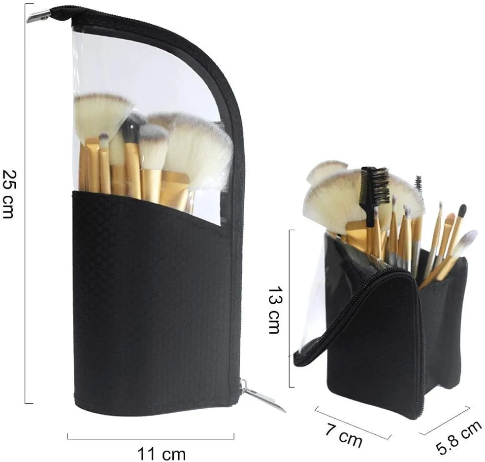 Black Travel Makeup Brush Holder 2-Pack, Organizer Bag Clear Plastic Cosmetic Zipper Pouch Portable Waterproof Dust-Free Stand-Up Small Toiletry Stationery Bag with Divider