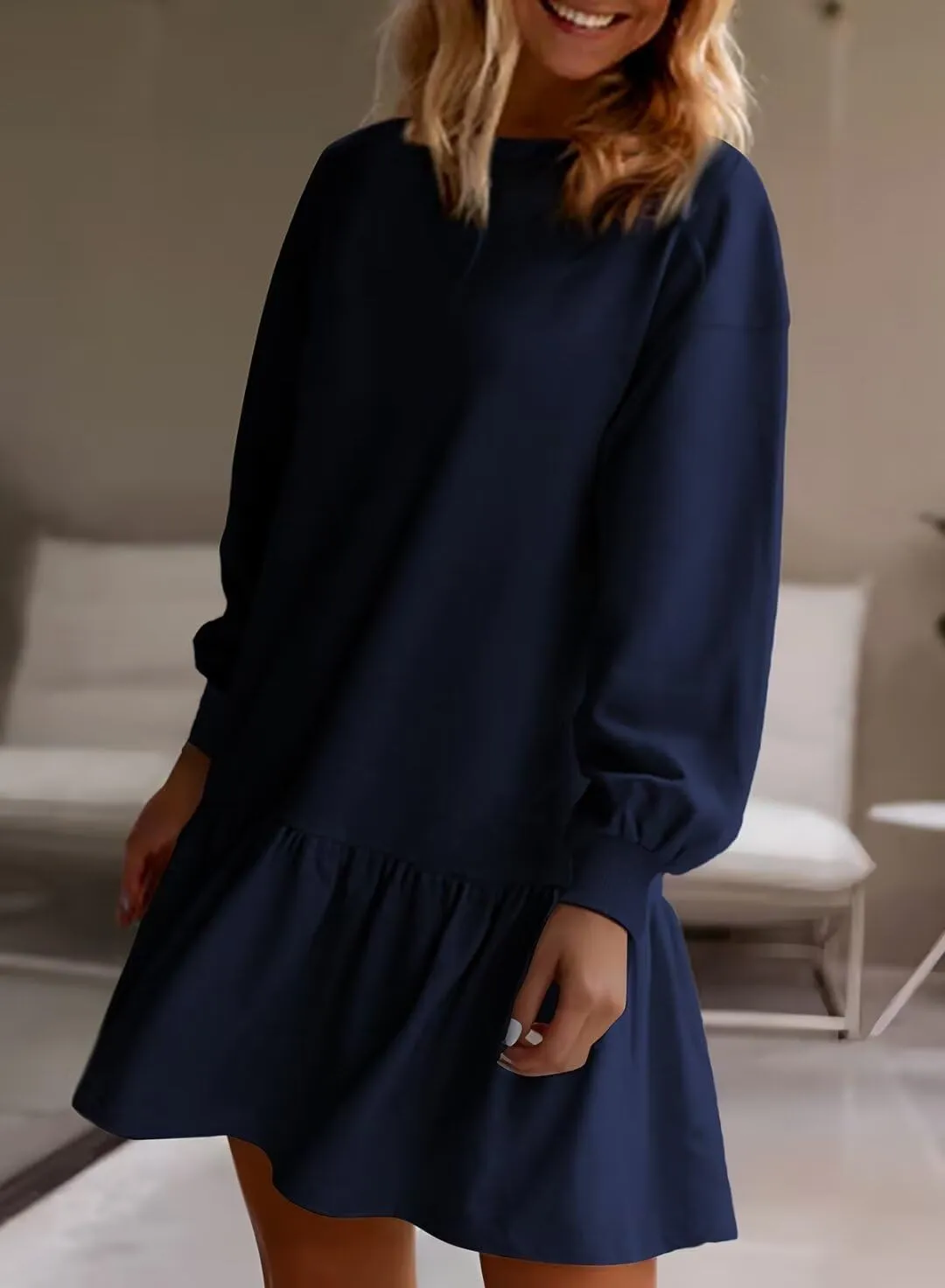 BLENCOT Womens 2025 Fall Long Sleeve Pullover Tops Crewneck Rib Knit Patchwork Sweatshirt Dress Casual Mini Dresses