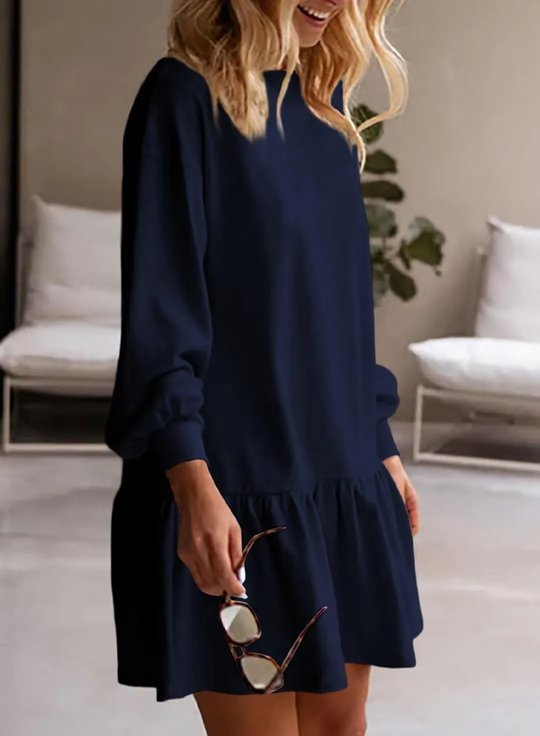 BLENCOT Womens 2025 Fall Long Sleeve Pullover Tops Crewneck Rib Knit Patchwork Sweatshirt Dress Casual Mini Dresses