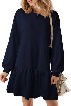 BLENCOT Womens 2025 Fall Long Sleeve Pullover Tops Crewneck Rib Knit Patchwork Sweatshirt Dress Casual Mini Dresses