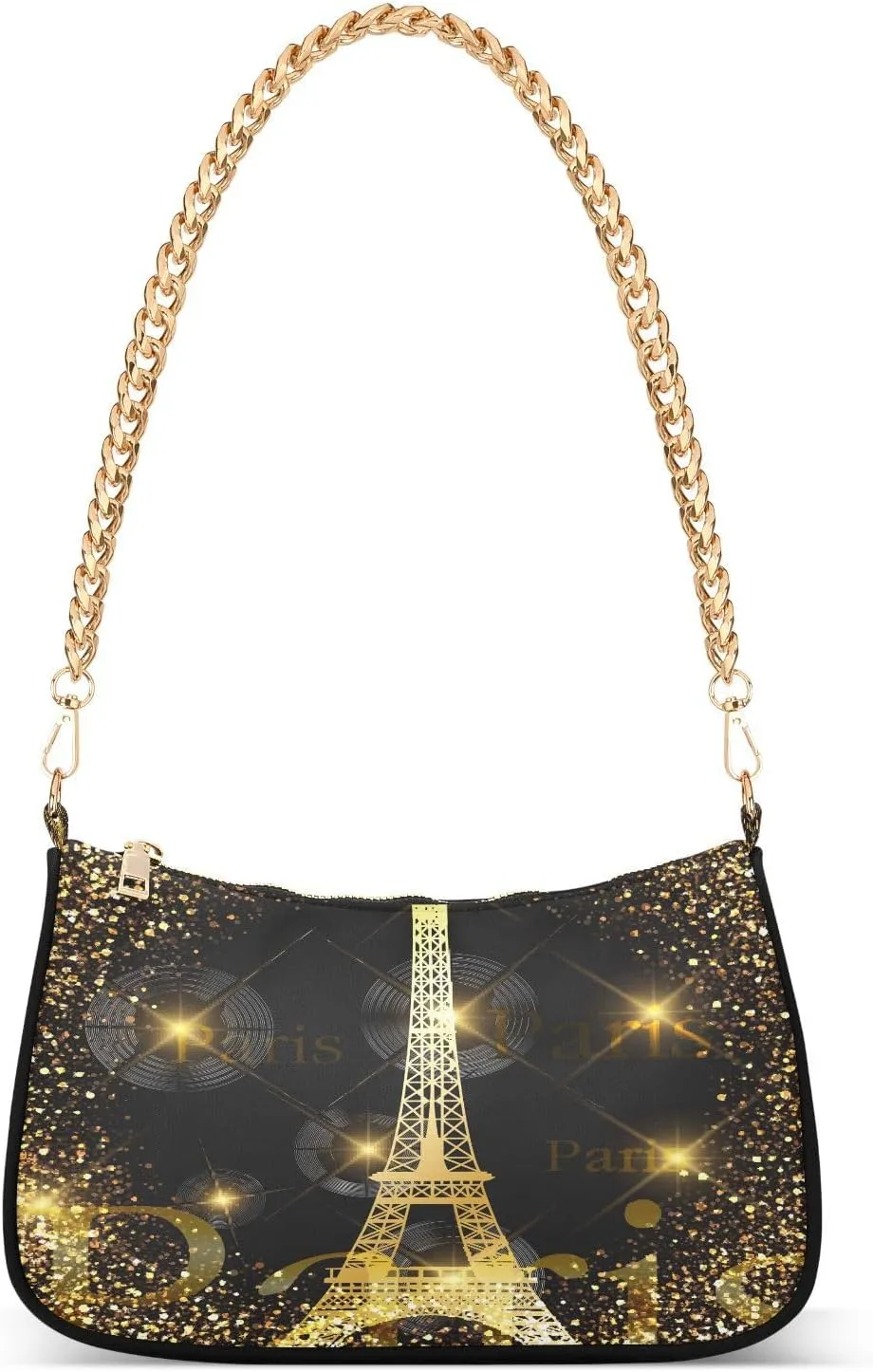 Bling Golden Eiffel Tower Shoulder Handbags for Women Travel Hobo Tote Handbag Women Gold Chain Shoulder Bags Purse with Zipper Closure