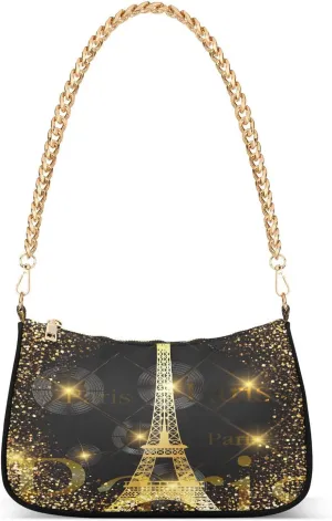 Bling Golden Eiffel Tower Shoulder Handbags for Women Travel Hobo Tote Handbag Women Gold Chain Shoulder Bags Purse with Zipper Closure