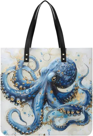 Blue Octopus Top Handle Satchel Handbags PU Leather Tote Bags Shoulder Bags for Women