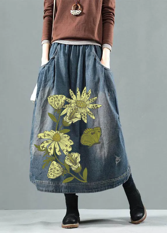 Blue Retro Quilted  Denim Skirt