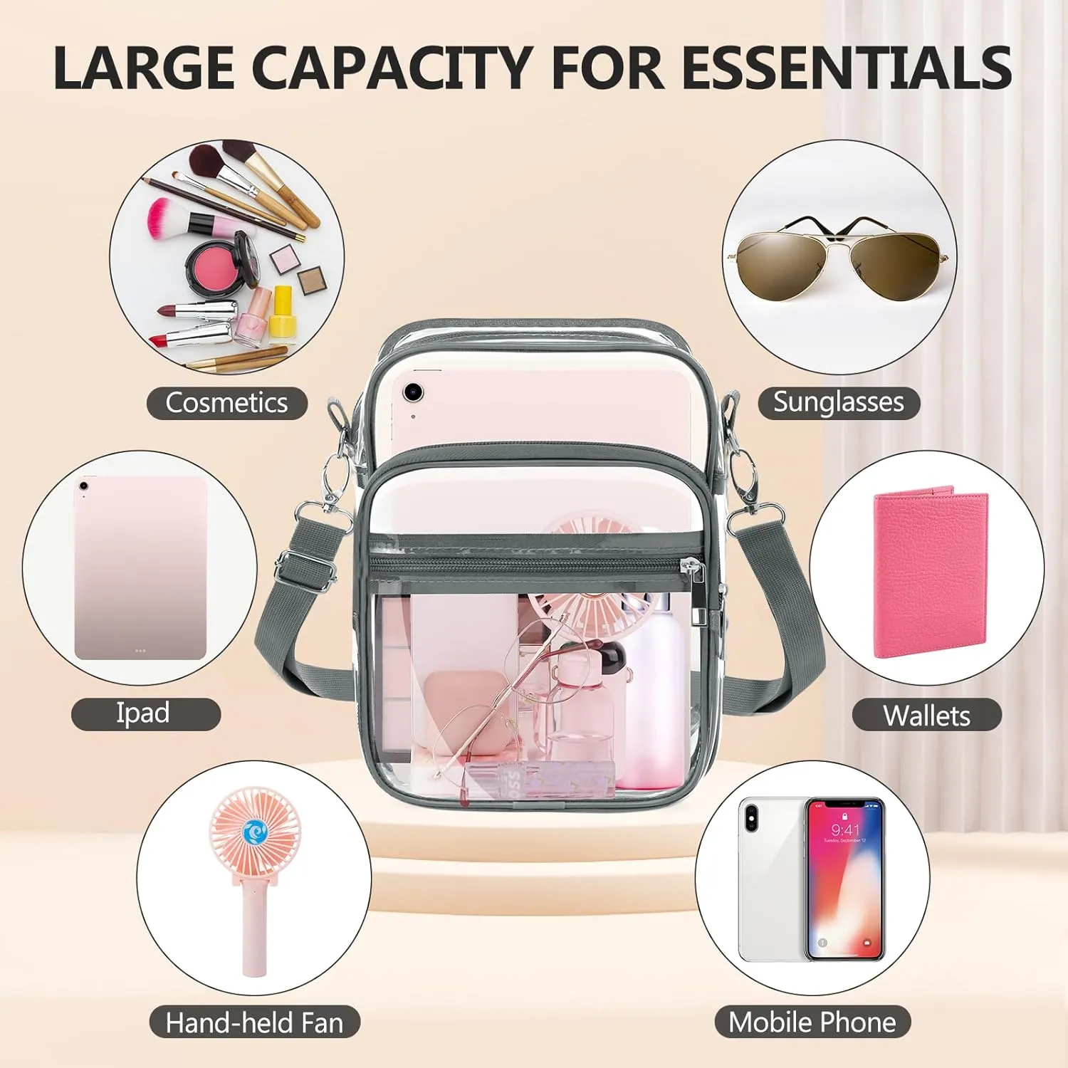 Blvornl Clear Crossbody Bag with Adjustable Shoulder Strap, Stadium Approved PVC Clear Purse Bag, Clear Messenger Bag