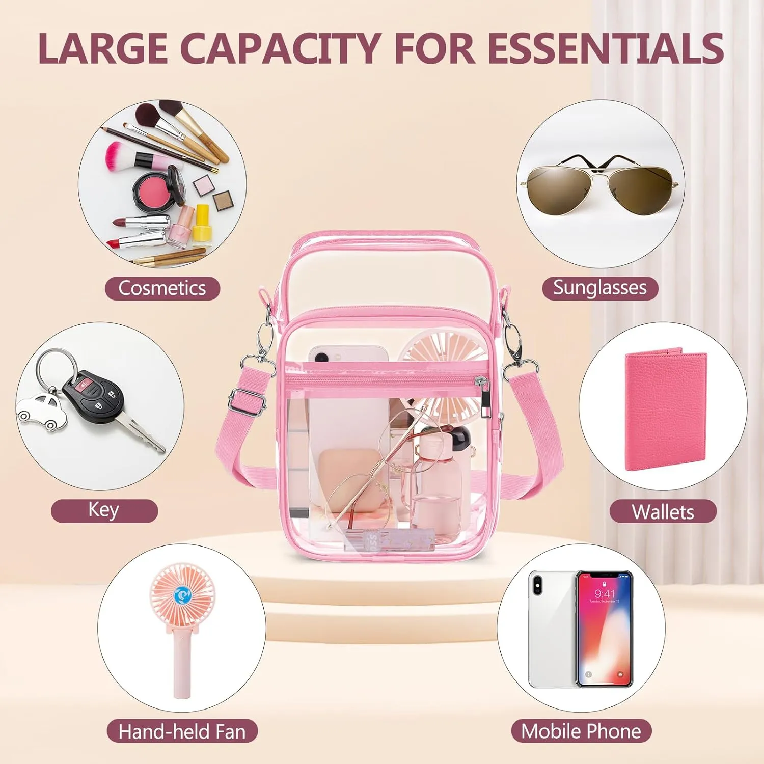 Blvornl Clear Crossbody Bag with Adjustable Shoulder Strap, Stadium Approved PVC Clear Purse Bag, Clear Messenger Bag