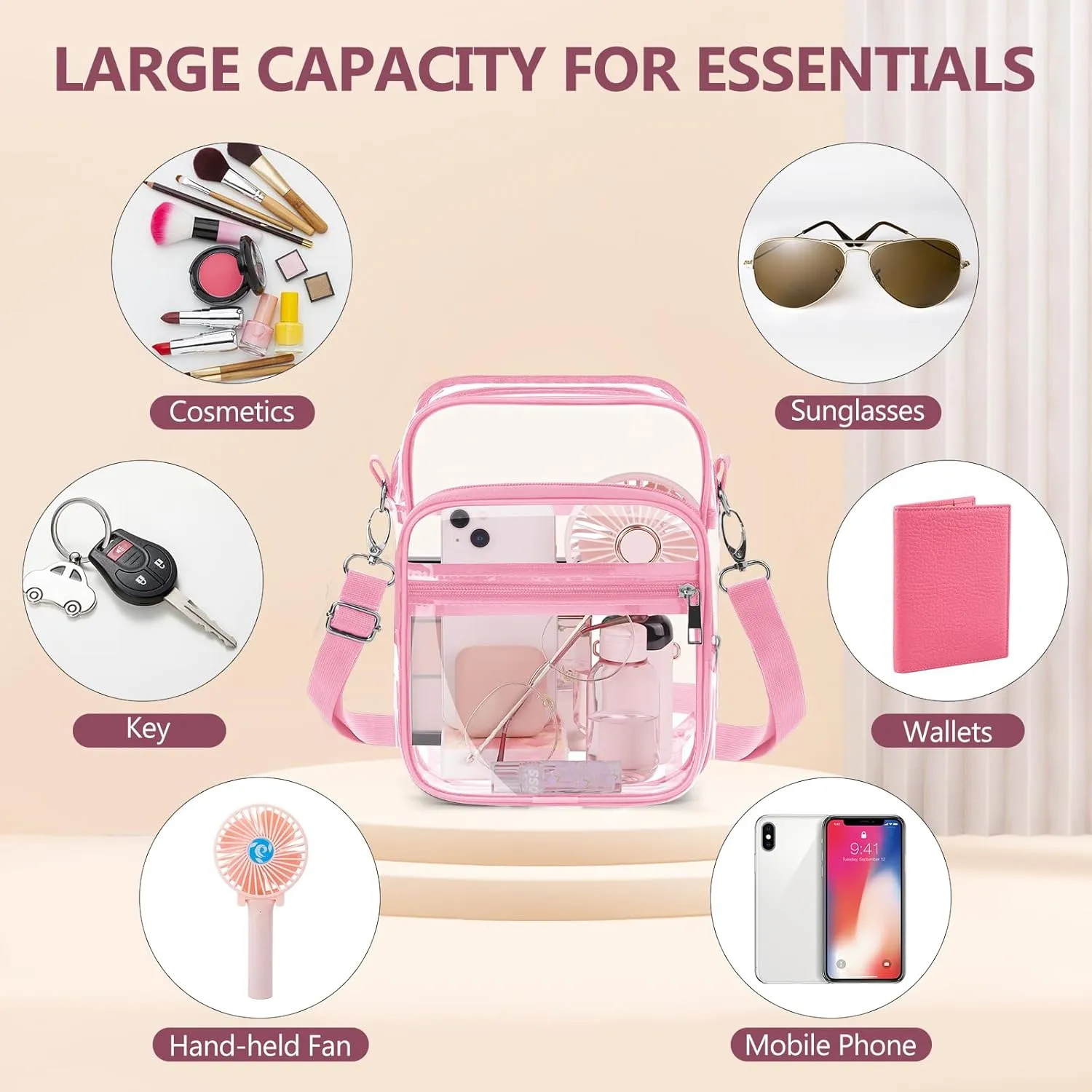Blvornl Clear Crossbody Bag with Adjustable Shoulder Strap, Stadium Approved PVC Clear Purse Bag, Clear Messenger Bag