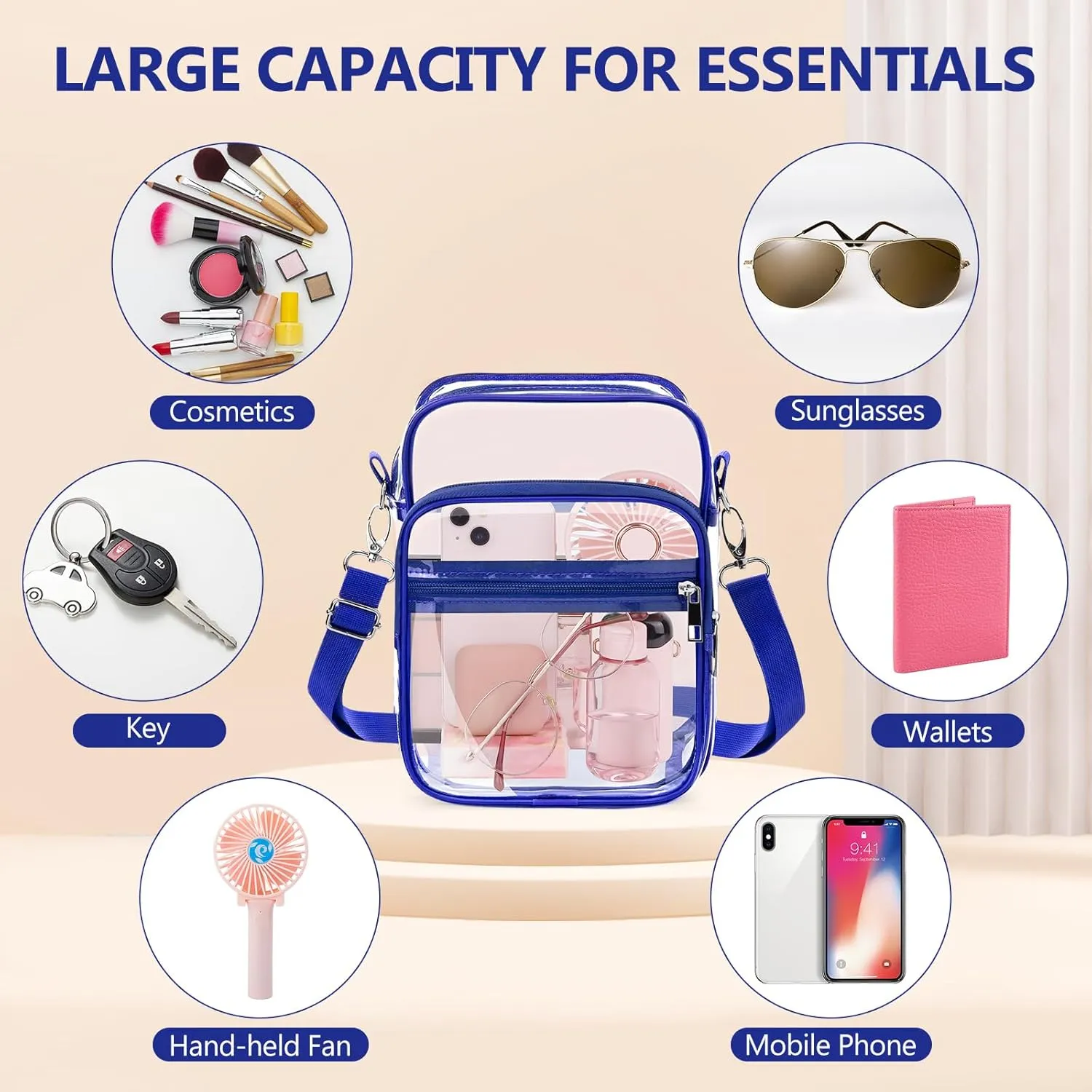 Blvornl Clear Crossbody Bag with Adjustable Shoulder Strap, Stadium Approved PVC Clear Purse Bag, Clear Messenger Bag