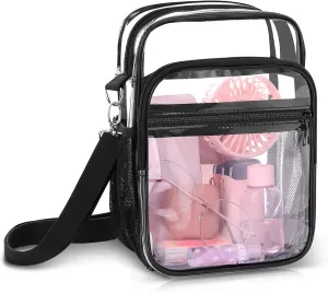 Blvornl Clear Crossbody Bag with Adjustable Shoulder Strap, Stadium Approved PVC Clear Purse Bag with Front and Side Pocket, Clear Messenger Bag for Women and Men for Concerts Events Festivals (Black)