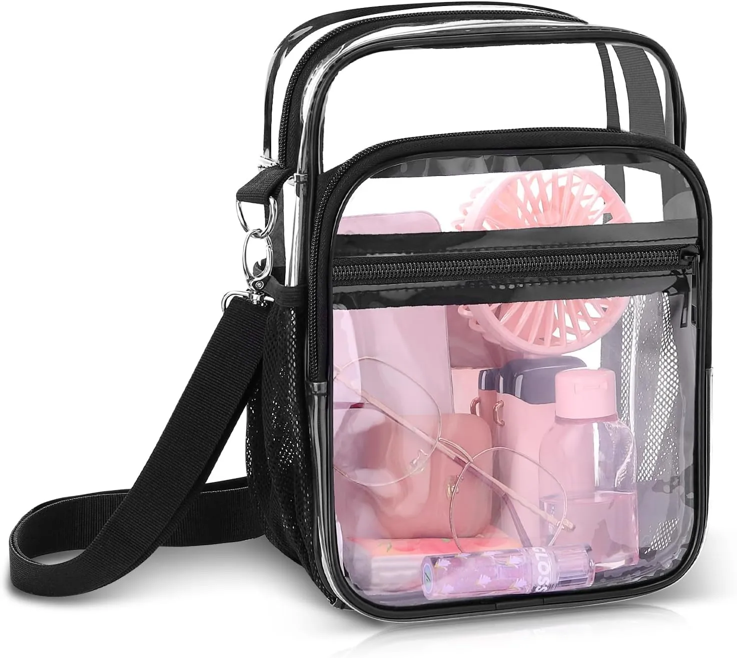 Blvornl Clear Crossbody Bag with Adjustable Shoulder Strap, Stadium Approved PVC Clear Purse Bag with Front and Side Pocket, Clear Messenger Bag for Women and Men for Concerts Events Festivals (Black)
