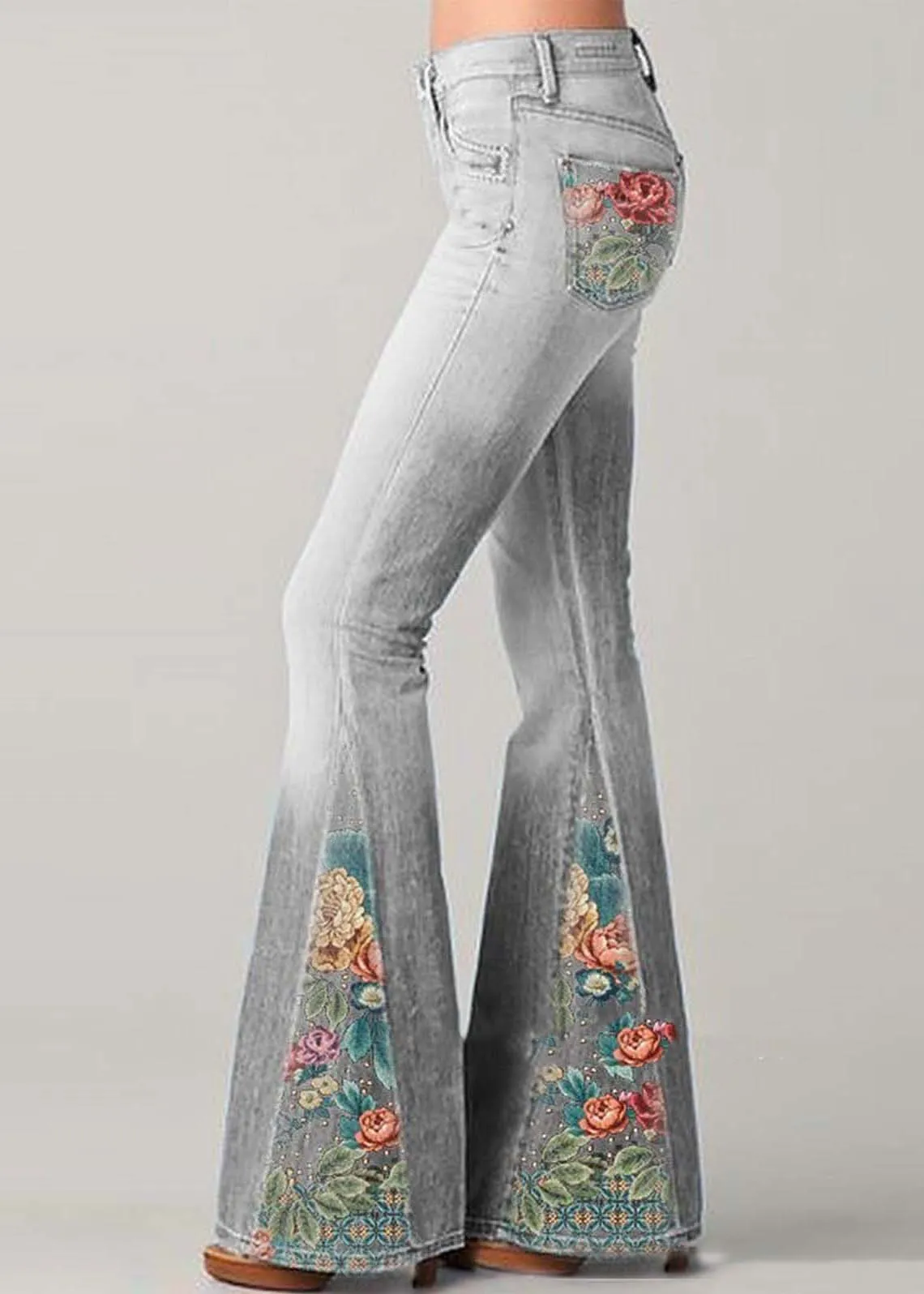 Bohemian Blaue Hochtaillierte Patchwork-Druck Denim Schlaghosen Sommer
