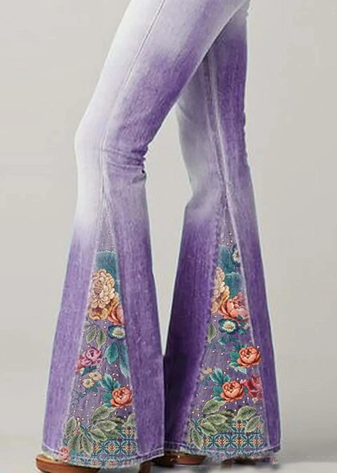 Bohemian Blaue Hochtaillierte Patchwork-Druck Denim Schlaghosen Sommer