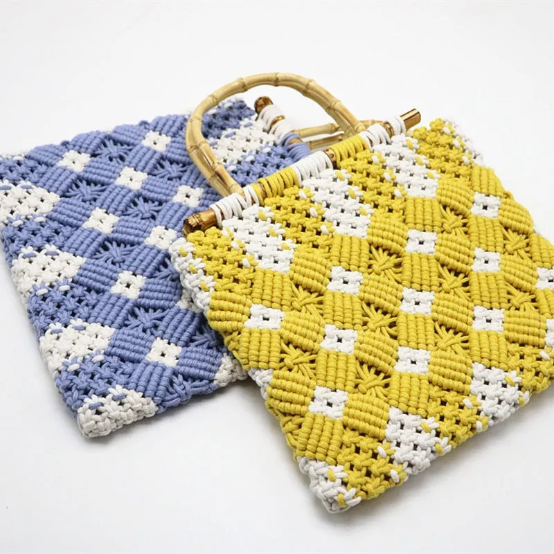 Boho Bamboo Handle Crochet Knit Tote - 2 Colors