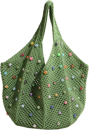 Boho Crochet Beach Tote Shoulder Bag with Colored Beads | Colorful Aesthetic Hippie Knit Bag for Women