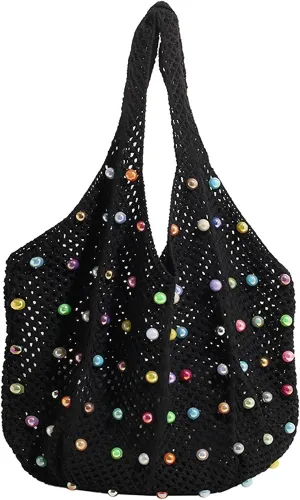 Boho Crochet Beach Tote Shoulder Bag with Colored Beads | Colorful Aesthetic Hippie Knit Bag for Women