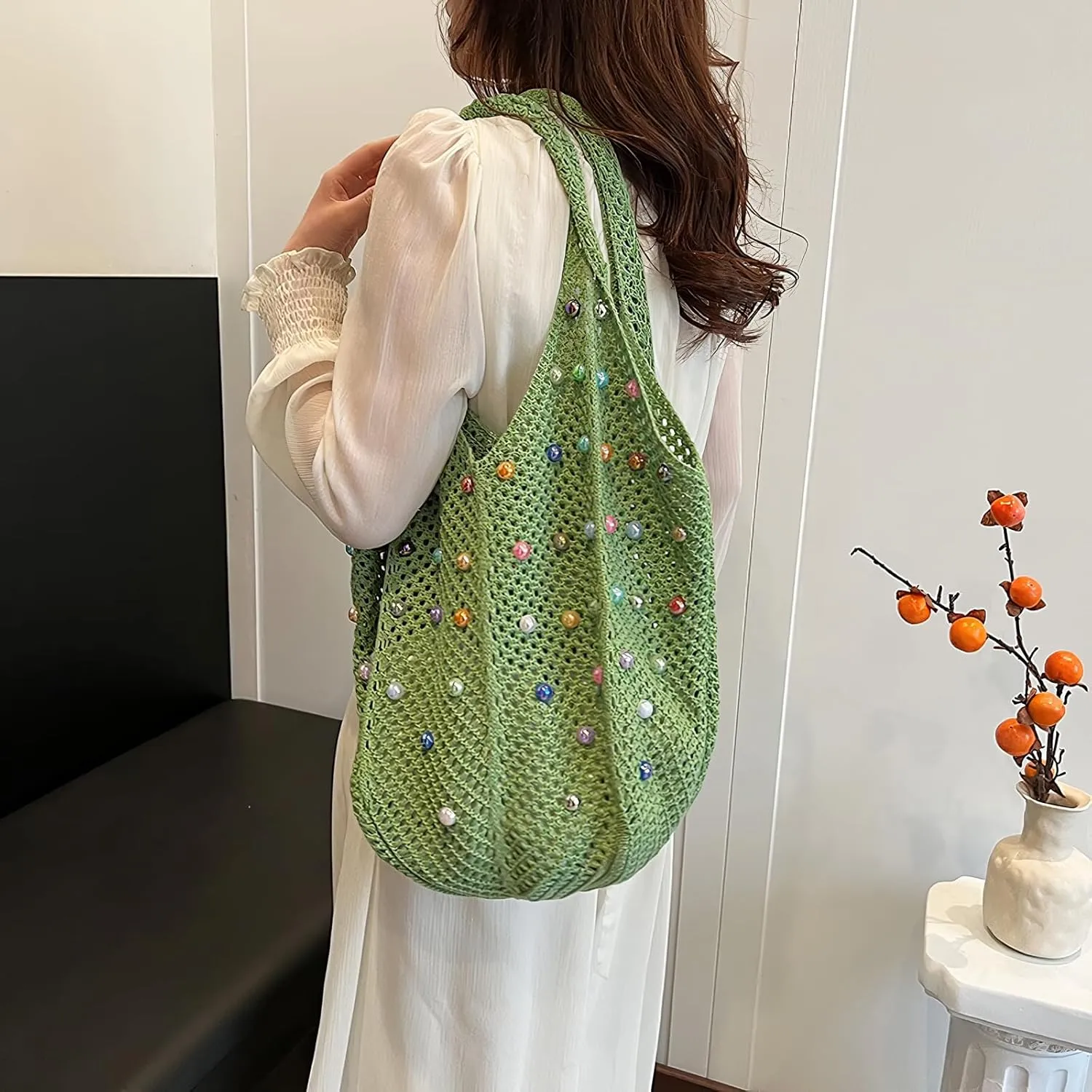 Boho Crochet Beach Tote Shoulder Bag with Colored Beads | Colorful Aesthetic Hippie Knit Bag for Women