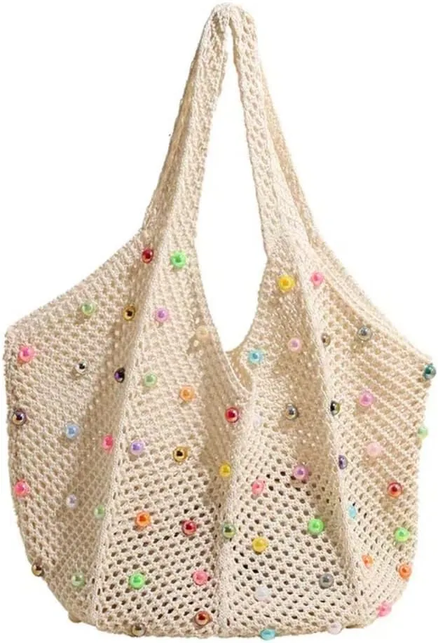 Boho Crochet Handbag Beach Tote Shoulder Bag with Colored Beads Hippie Knit Bag for Women