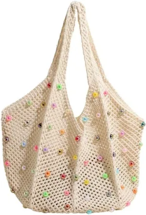 Boho Crochet Handbag Beach Tote Shoulder Bag with Colored Beads Hippie Knit Bag for Women