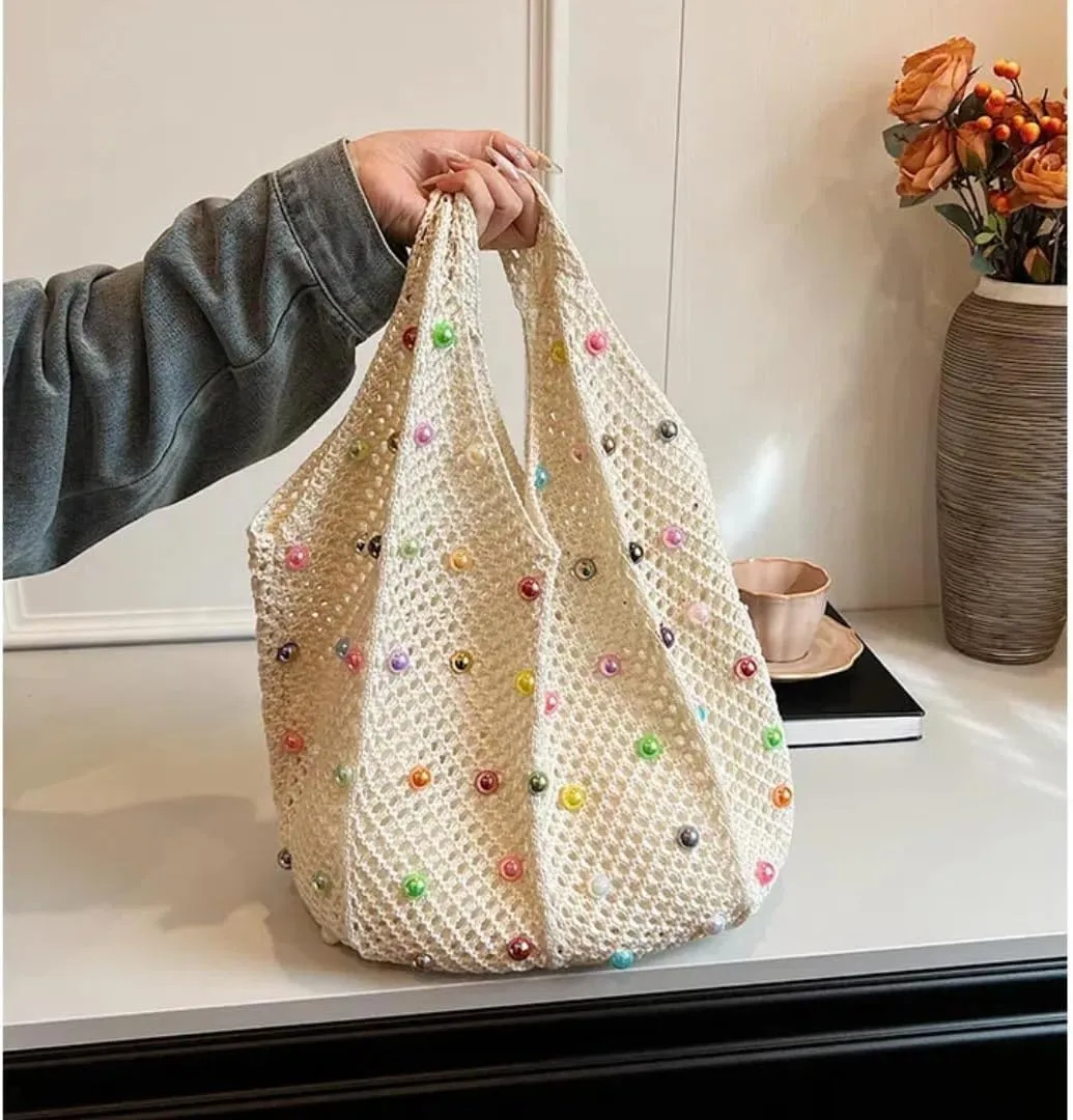 Boho Crochet Handbag Beach Tote Shoulder Bag with Colored Beads Hippie Knit Bag for Women