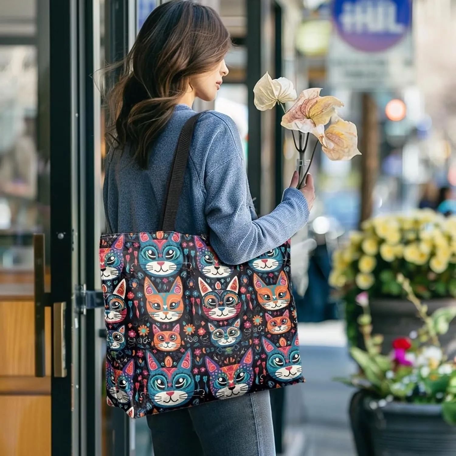Boho Mandala Lotus Cat Women Paper Tote Bag, Hawaii Cocount Tree Commute Bags, Adorable Puppy Kitten Large Handbag