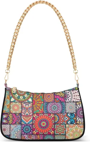 Boho Mandala Shoulder Bag for Women Fabric Crescent Handbag with Zipper Chain Clutch Purses for Travel Party Concert Teen Girls