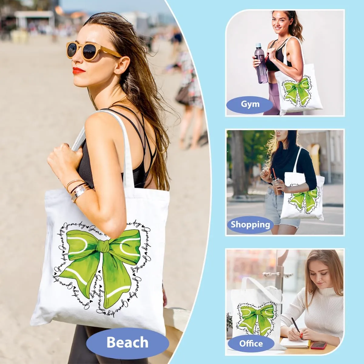 Bow Basketball Soccer Softball Tennis Volleyball Football Canvas Tote Bag Gifts for Women Reusable Grocery Bags