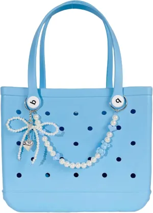 Bow Tie Charm for Bogg Bag, Pearls Chain Accessories, Purse Strap Extender, Purse Chains For Women Rubber Beach Bag Tote Handbag Crossbody Shoulder Decoration, With Metal Buckle（Blue）