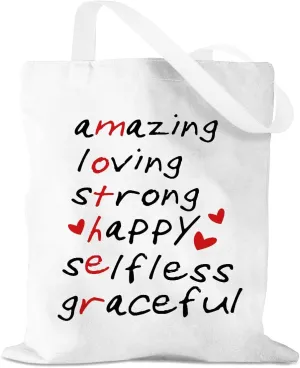 Bows Canvas Tote Bag Mom Gifts, Inspirational Christian Birthday Gift for Women Mama Mothers Day Reusable Grocery Bag