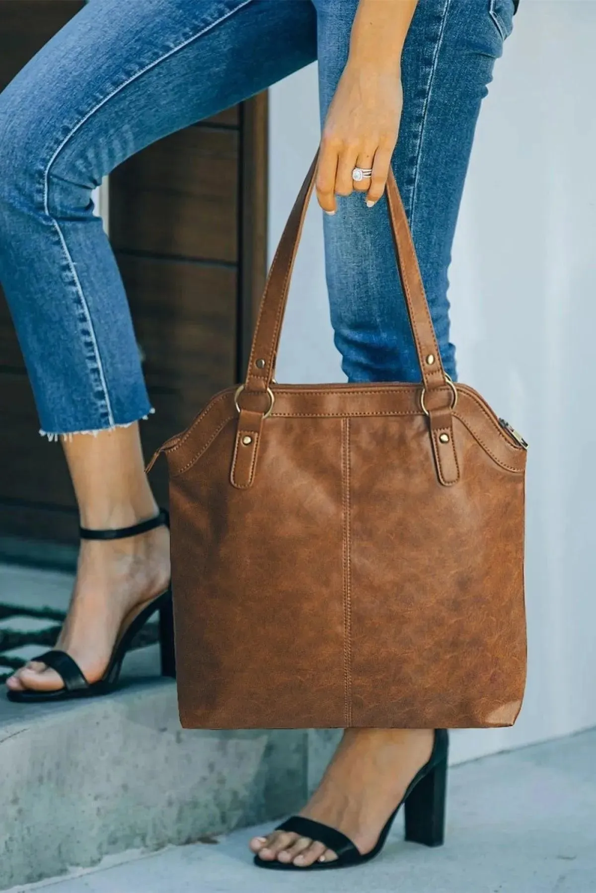 Brown PU Leather Patchwork Zipped Large Capacity Tote Bag