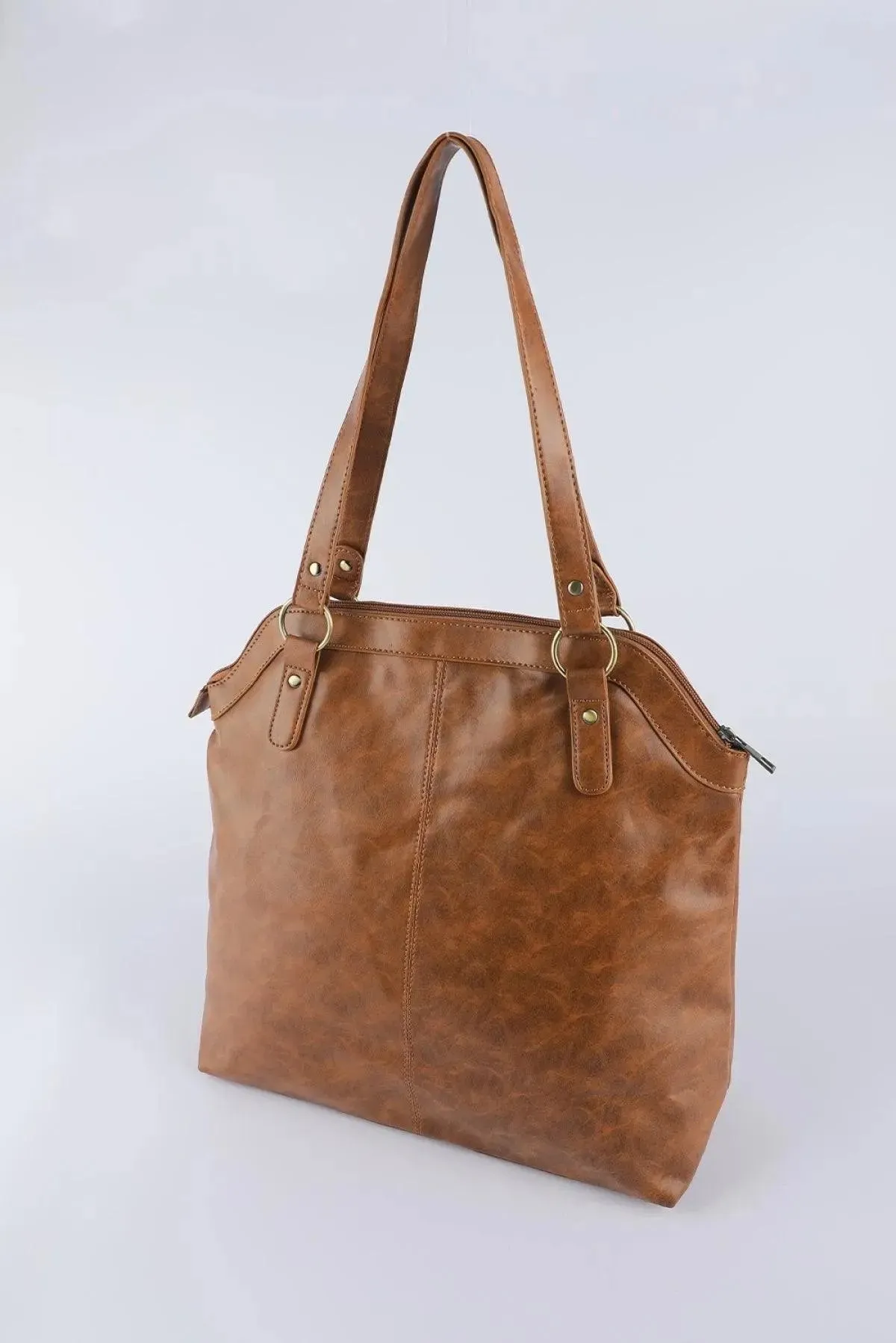 Brown PU Leather Patchwork Zipped Large Capacity Tote Bag