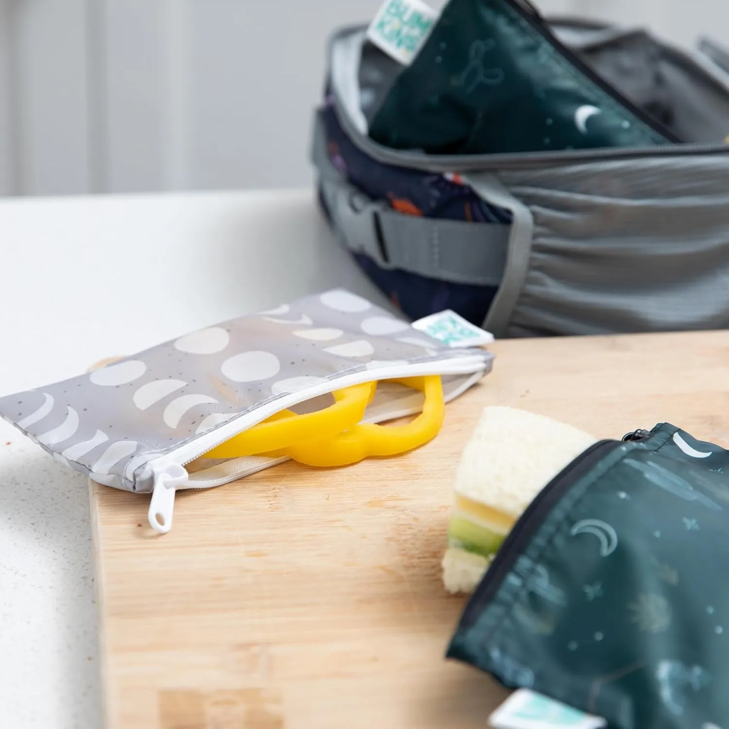 Bumkins Reusable Sandwich and Snack Bags, for Kids School Lunch and Adults Portion, Washable Fabric, Waterproof Cloth Zip Bag, Travel Pouch, Food-Safe Storage, 4-pack Set Desert Dk. Green and Gray