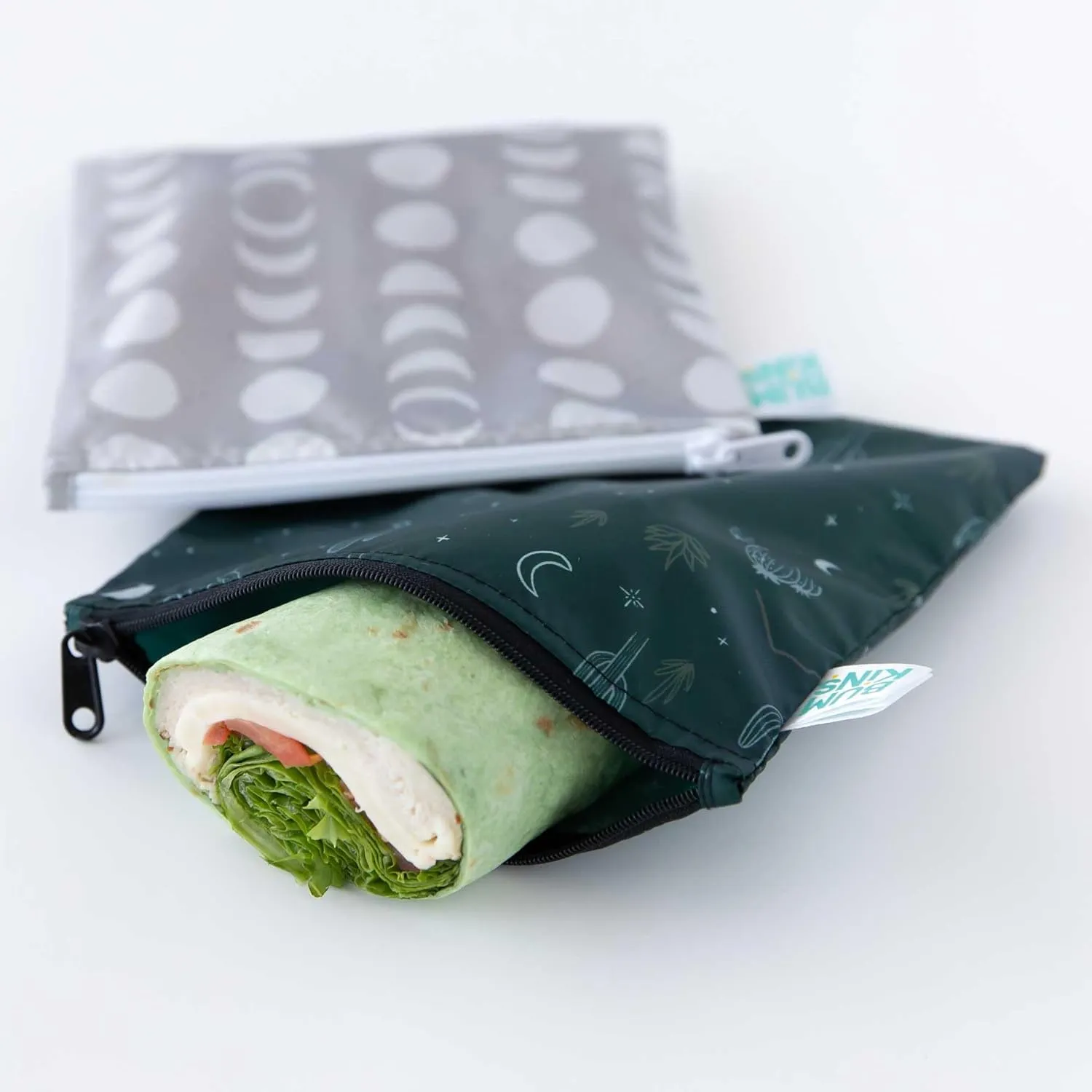 Bumkins Reusable Sandwich and Snack Bags, for Kids School Lunch and Adults Portion, Washable Fabric, Waterproof Cloth Zip Bag, Travel Pouch, Food-Safe Storage, 4-pack Set Desert Dk. Green and Gray