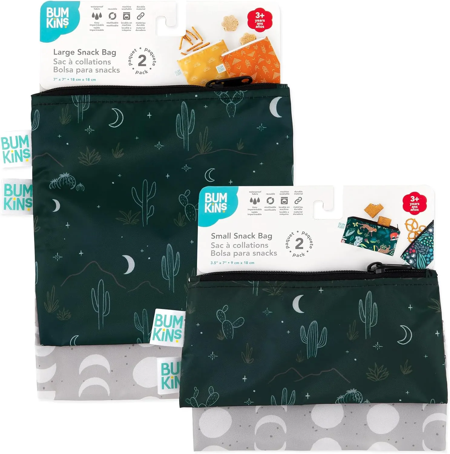 Bumkins Reusable Sandwich and Snack Bags, for Kids School Lunch and Adults Portion, Washable Fabric, Waterproof Cloth Zip Bag, Travel Pouch, Food-Safe Storage, 4-pack Set Desert Dk. Green and Gray