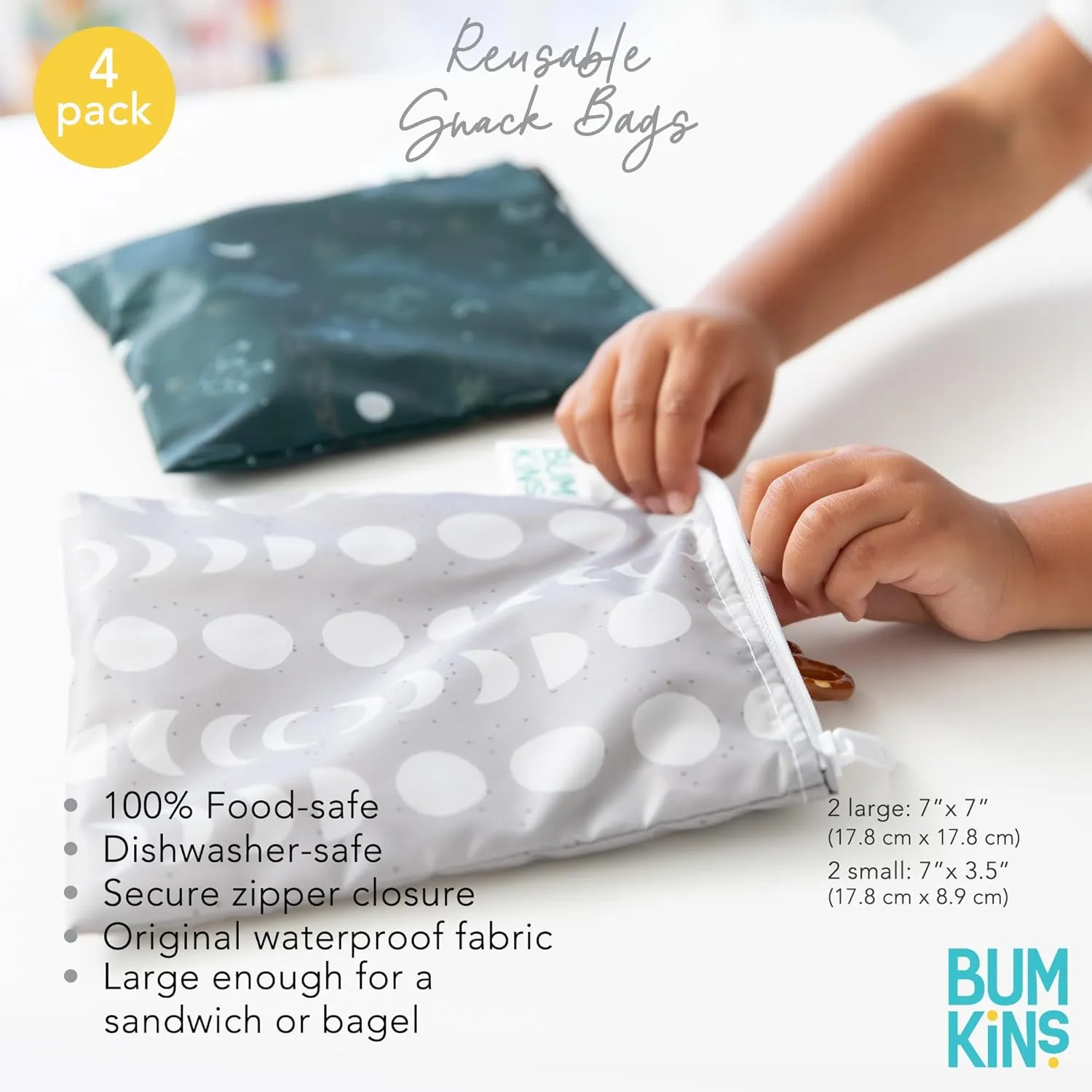 Bumkins Reusable Sandwich and Snack Bags, for Kids School Lunch and Adults Portion, Washable Fabric, Waterproof Cloth Zip Bag, Travel Pouch, Food-Safe Storage, 4-pack Set Desert Dk. Green and Gray