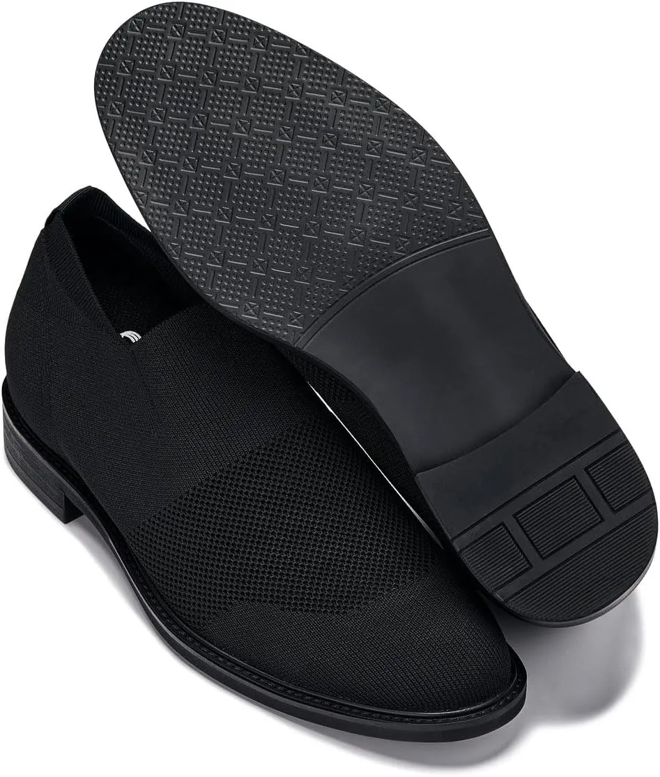 CALTO Men's Invisible Height Increasing Elevator Casual Shoes - Black/Black Sole Ultra Light-Weight Slip-on Knitted Business Dressy Casual Shoes - 2.4 Inches Taller - X1541 - Size 10 D(M) US