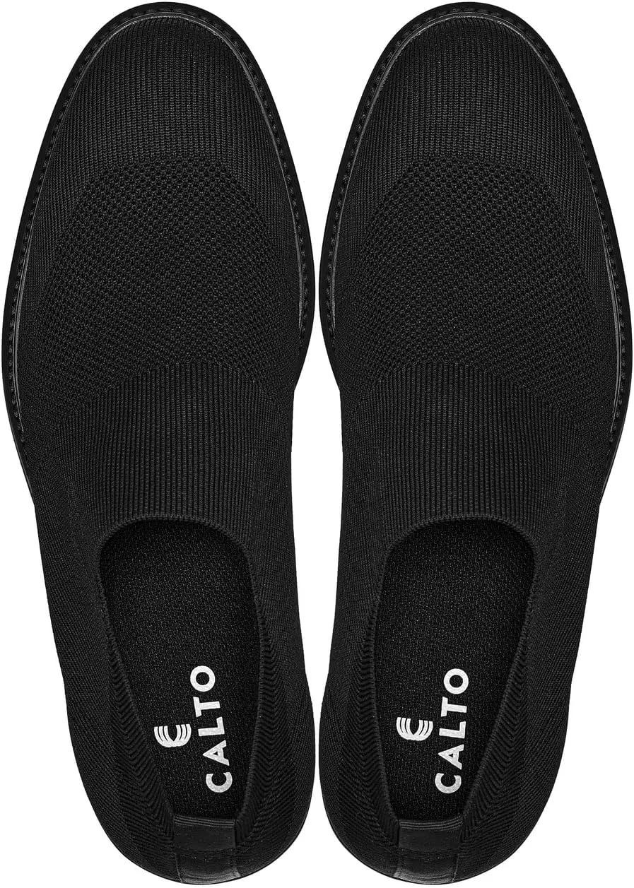 CALTO Men's Invisible Height Increasing Elevator Casual Shoes - Black/Black Sole Ultra Light-Weight Slip-on Knitted Business Dressy Casual Shoes - 2.4 Inches Taller - X1541 - Size 10 D(M) US