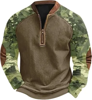 Camo Sweatshirts for Men Quarter Zip Raglan Sleeve Henley Neck Camouflage Vintage Western Pullover Tactical Shirts