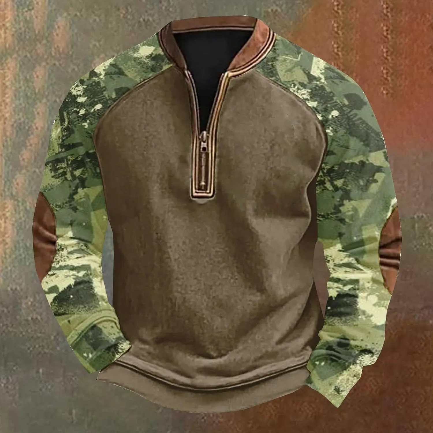 Camo Sweatshirts for Men Quarter Zip Raglan Sleeve Henley Neck Camouflage Vintage Western Pullover Tactical Shirts