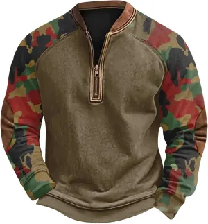 Camo Sweatshirts for Men Quarter Zip Raglan Sleeve Henley Neck Camouflage Vintage Western Pullover Tactical Shirts