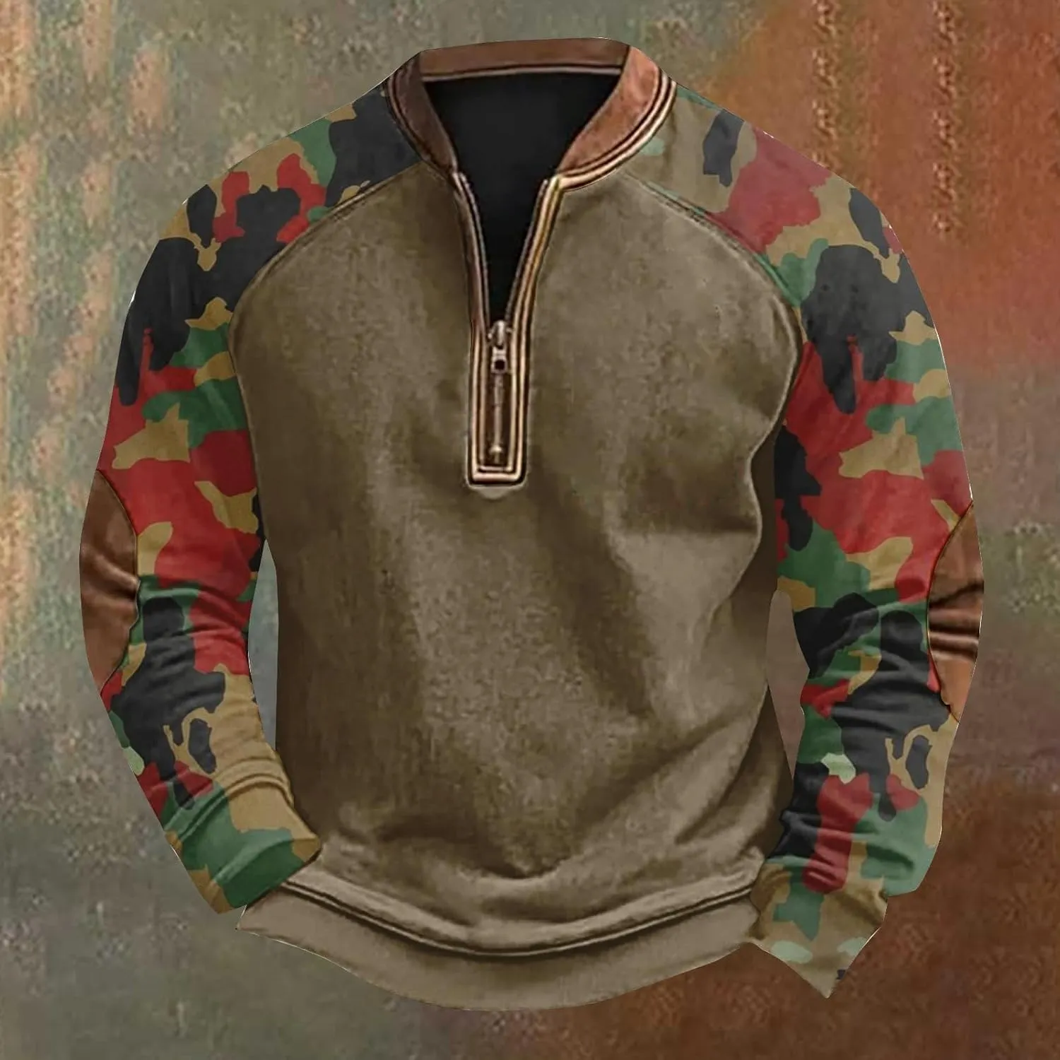 Camo Sweatshirts for Men Quarter Zip Raglan Sleeve Henley Neck Camouflage Vintage Western Pullover Tactical Shirts