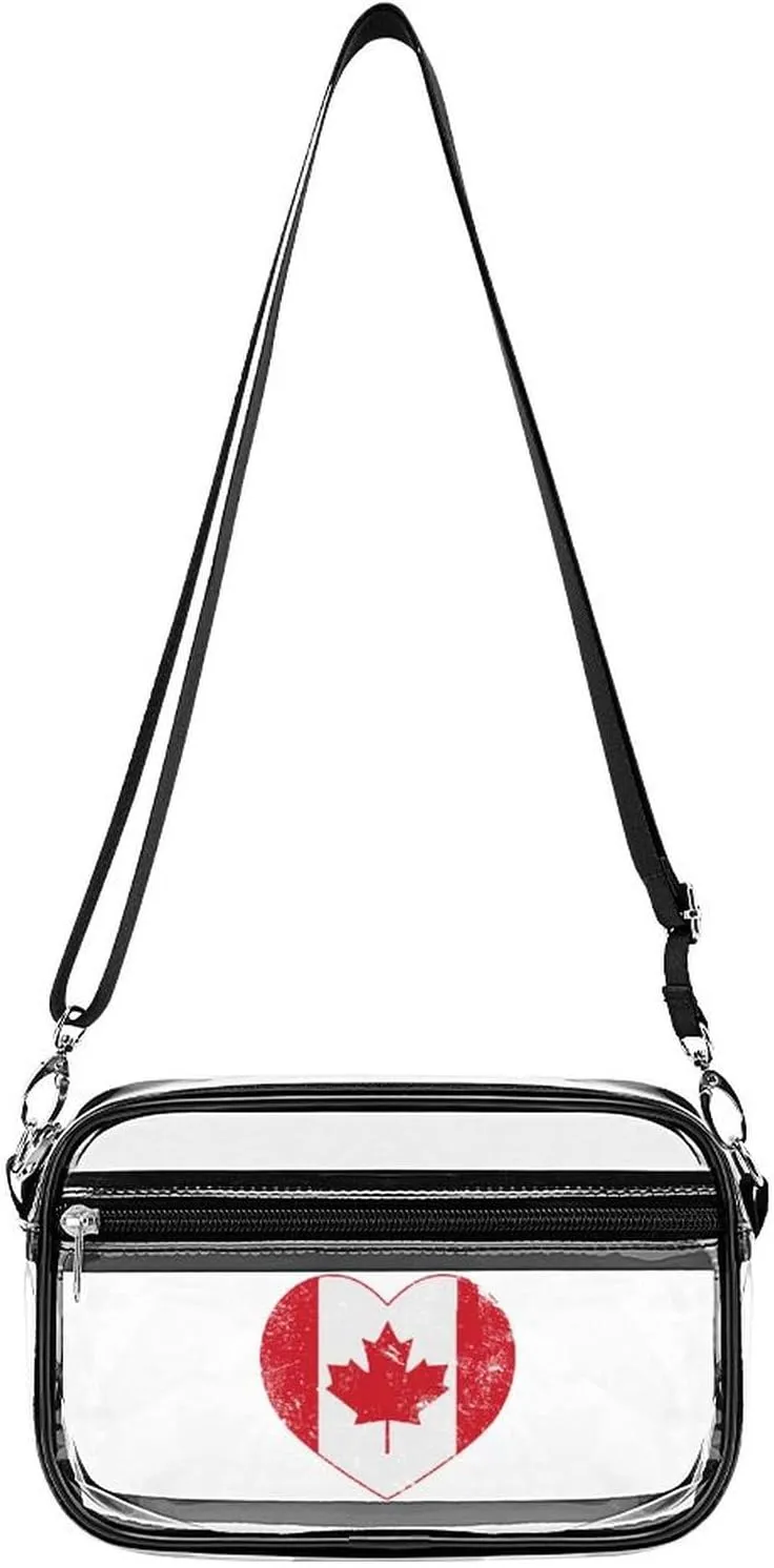 Canada Heart Retro Flag Clear Stadium Crossbody Bag Small Shoulder Purse Adjustable Strap Handbag for Women Men
