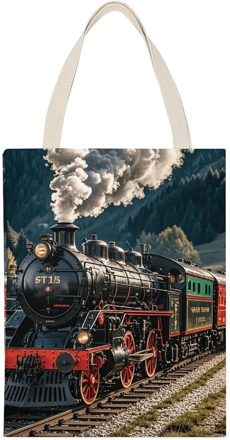 Canvas Tote Bag for Women Beach Bag Steam Locomotive Train Large Tote Bag Reusable Grocery Bags Shopping Bags