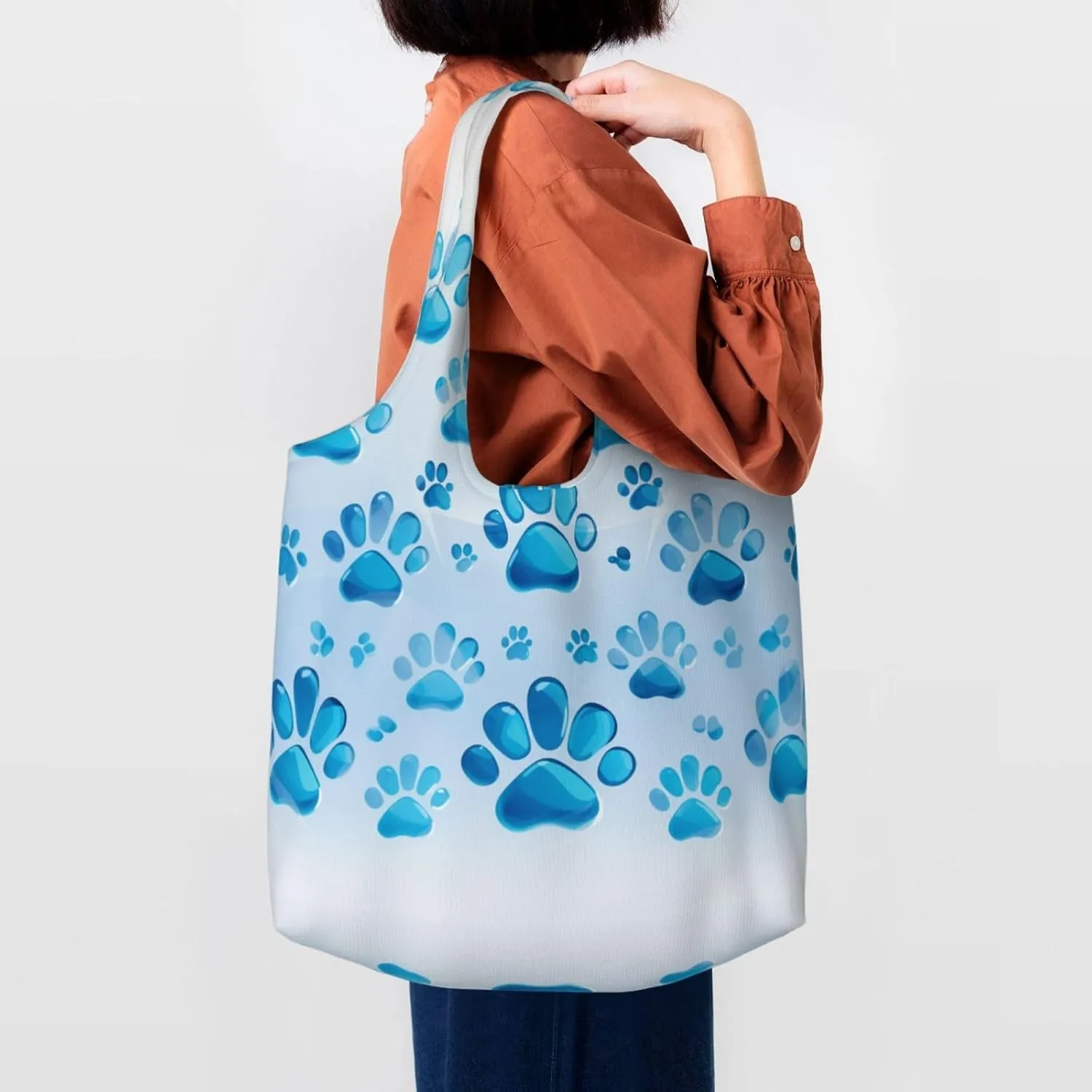 Canvas Tote Bag Lightweight Reusable Grocery Shopping Bag Blue Stripes and Red Flowers Handbag for Women Men