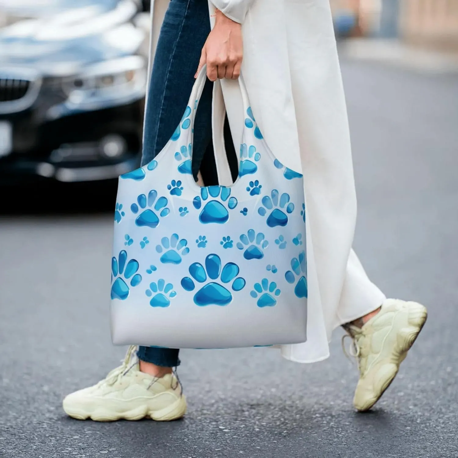 Canvas Tote Bag Lightweight Reusable Grocery Shopping Bag Blue Stripes and Red Flowers Handbag for Women Men