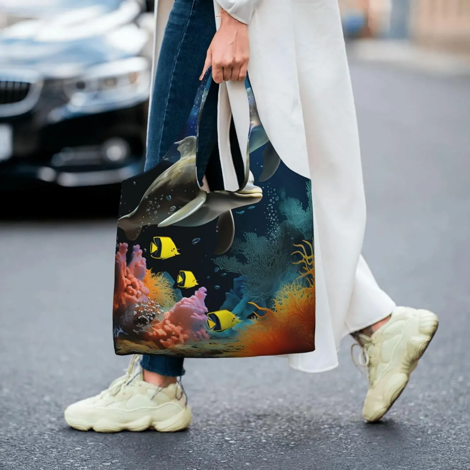 Canvas Tote Bag Reusable Grocery Bags Lightweight Handbag Blue and Orange Flowers Tote Bag for Shopping Cloth Bags