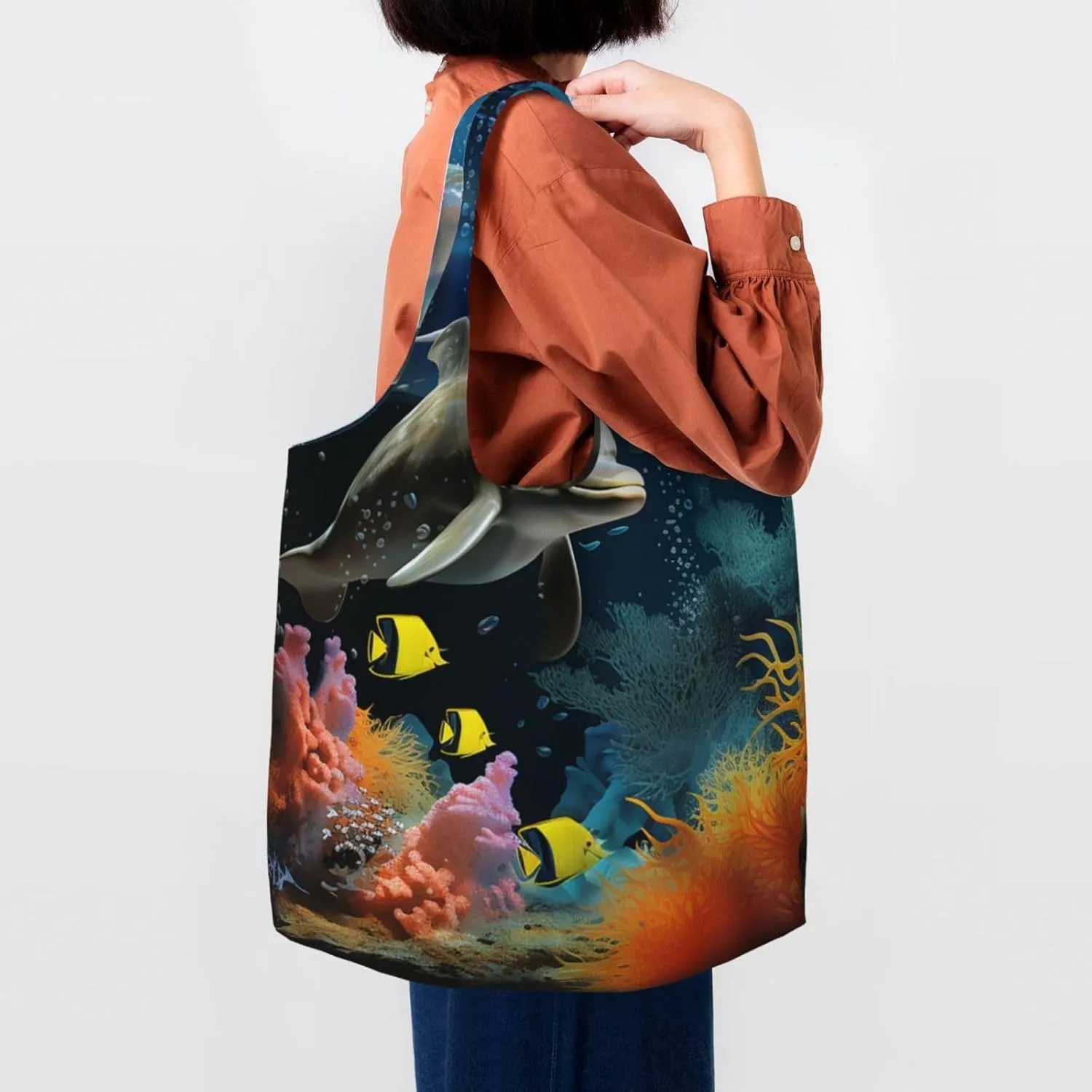 Canvas Tote Bag Reusable Grocery Bags Lightweight Handbag Blue and Orange Flowers Tote Bag for Shopping Cloth Bags